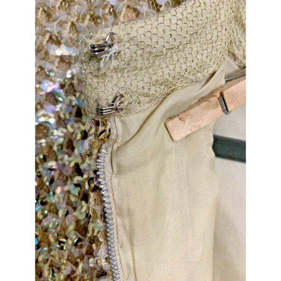Vintage Mod Gold Knit Sequin Lined Rhinestone Collar Shift Dress Pat Sandler - Picture 7 of 9